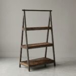 Rustic sleeper wood and iron display stand with three shelves