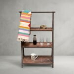 Rustic sleeper wood and iron display stand with three shelves