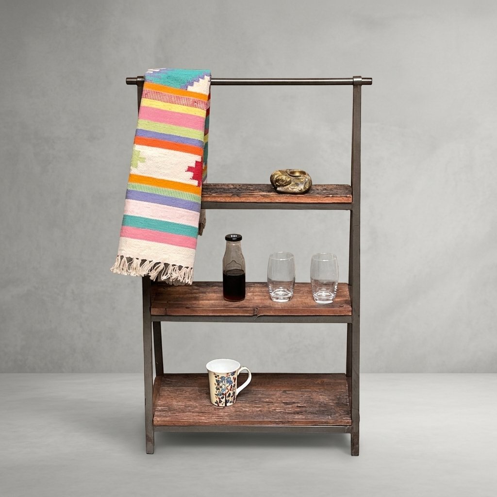 Rustic sleeper wood and iron display stand with three shelves
