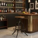 ndustrial adjustable bar stool with cast iron base and wooden seat
