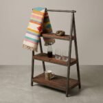 Rustic sleeper wood and iron display stand with three shelves