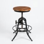 ndustrial adjustable bar stool with cast iron base and wooden seat
