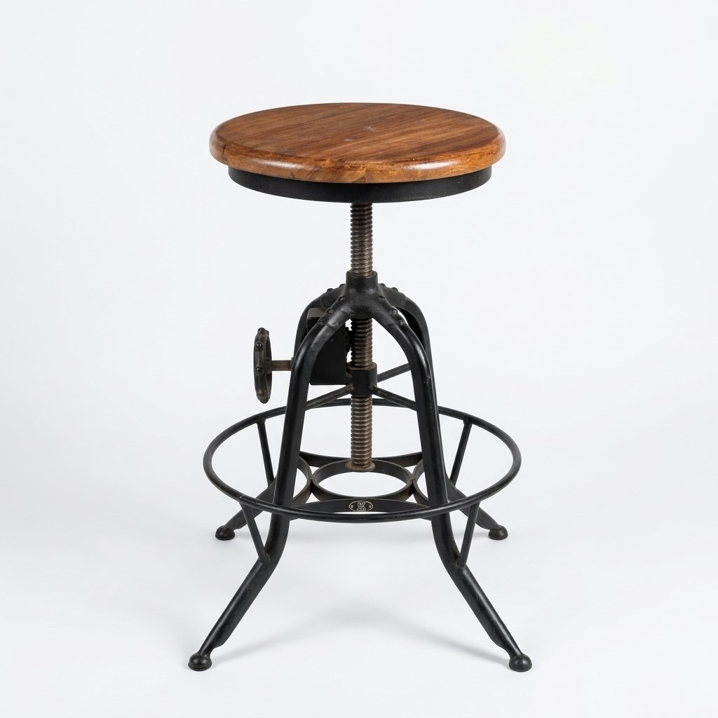 ndustrial adjustable bar stool with cast iron base and wooden seat