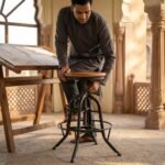 ndustrial adjustable bar stool with cast iron base and wooden seat