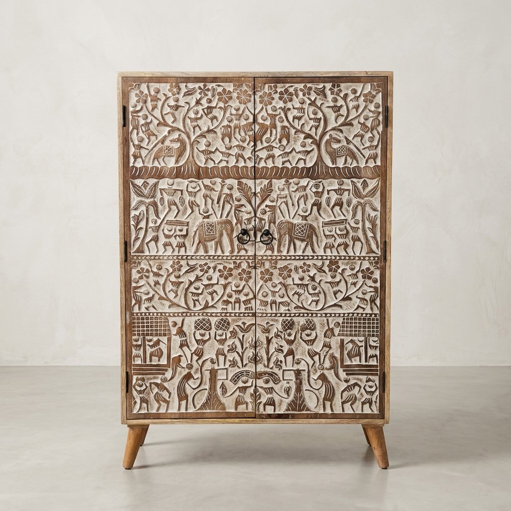 Hand-carved wooden cabinet with tribal art motifs