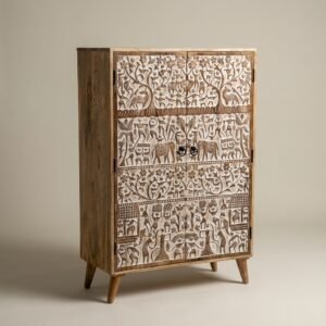 Hand-carved wooden cabinet with tribal art motifs