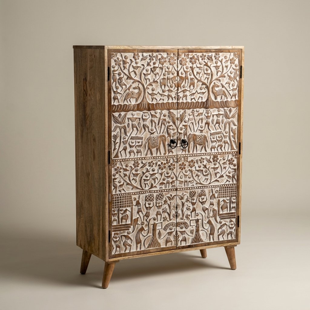 Hand-carved wooden cabinet with tribal art motifs