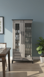 Vintage distressed wooden glass wardrobe with shelves and bottom drawers