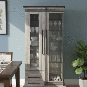 Vintage distressed wooden glass wardrobe with shelves and bottom drawers