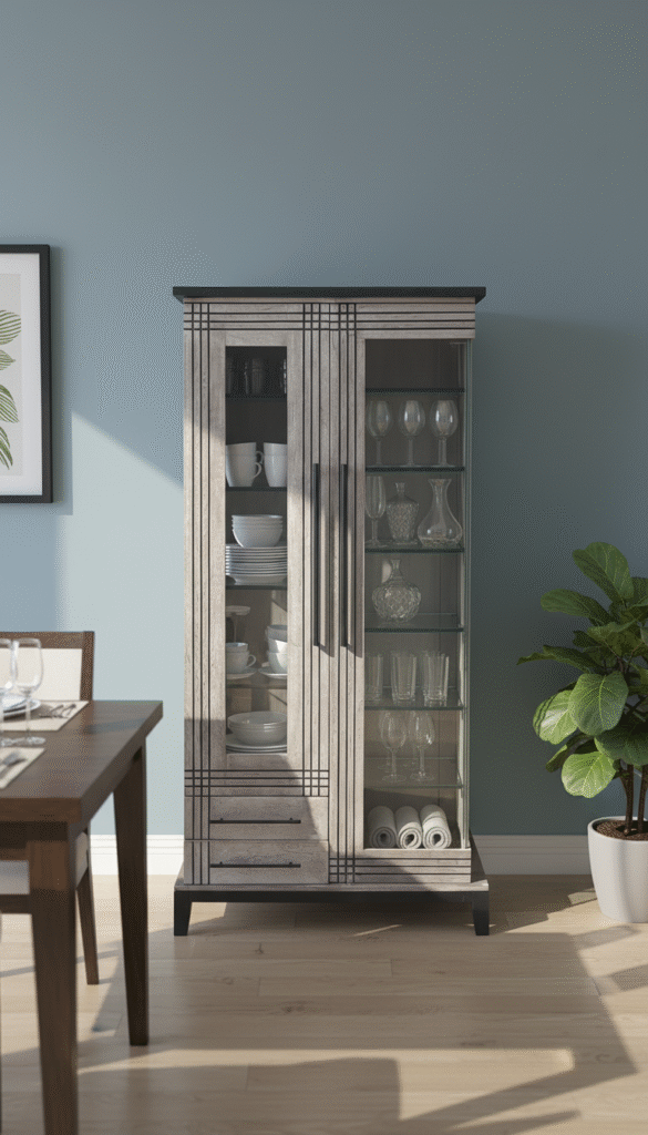 Vintage distressed wooden glass wardrobe with shelves and bottom drawers