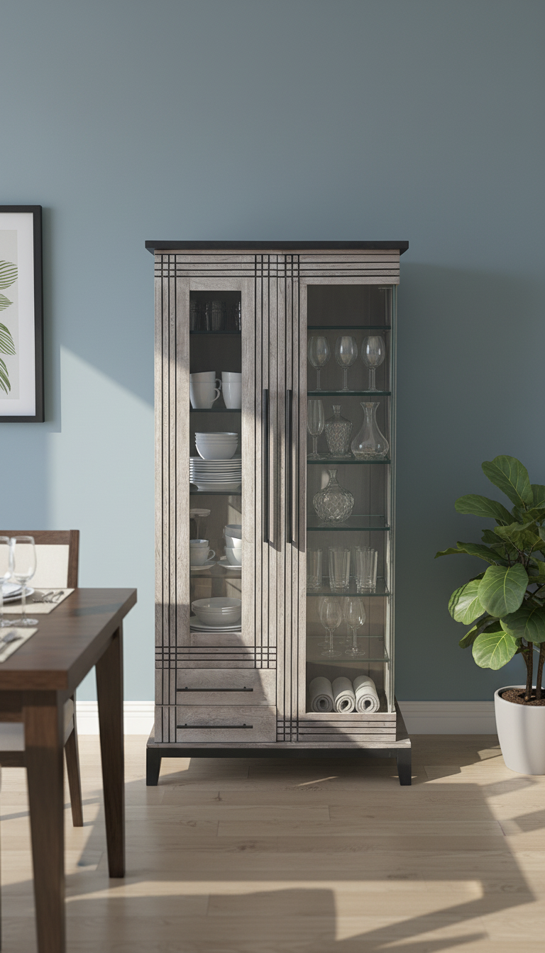 pomelli-image (7) Vintage distressed wooden glass wardrobe with shelves and bottom drawers