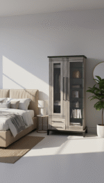 compact display cabinet with glass doors and dark top for bedroom or living space