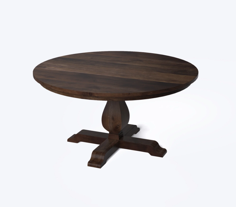 Solid wood round dining table with pedestal base in dark walnut finish