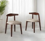 Solid wood dining chair with curved backrest and upholstered seat in walnut finish