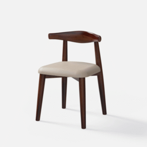Solid wood dining chair with curved backrest and upholstered seat in walnut finish