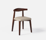 Solid wood dining chair with curved backrest and upholstered seat in walnut finish