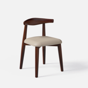 Solid wood dining chair with curved backrest and upholstered seat in walnut finish