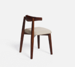 Solid wood dining chair with curved backrest and upholstered seat in walnut finish