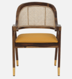 Walnut finish wooden dining chair with cane back and upholstered seat with brass legs