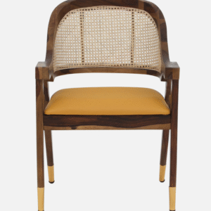 Walnut finish wooden dining chair with cane back and upholstered seat with brass legs