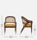 Walnut finish wooden dining chair with cane back and upholstered seat with brass legs