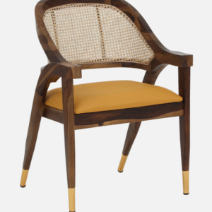 Walnut finish wooden dining chair with cane back and upholstered seat with brass legs