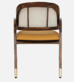 Walnut finish wooden dining chair with cane back and upholstered seat with brass legs