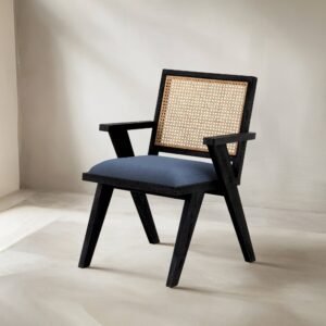 Solid wood dining chair with cane backrest and upholstered seat in black finish