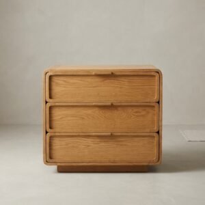 Minimalist solid wood 3-drawer chest cabinet with rounded edges and smooth channel drawers in natural wood finish