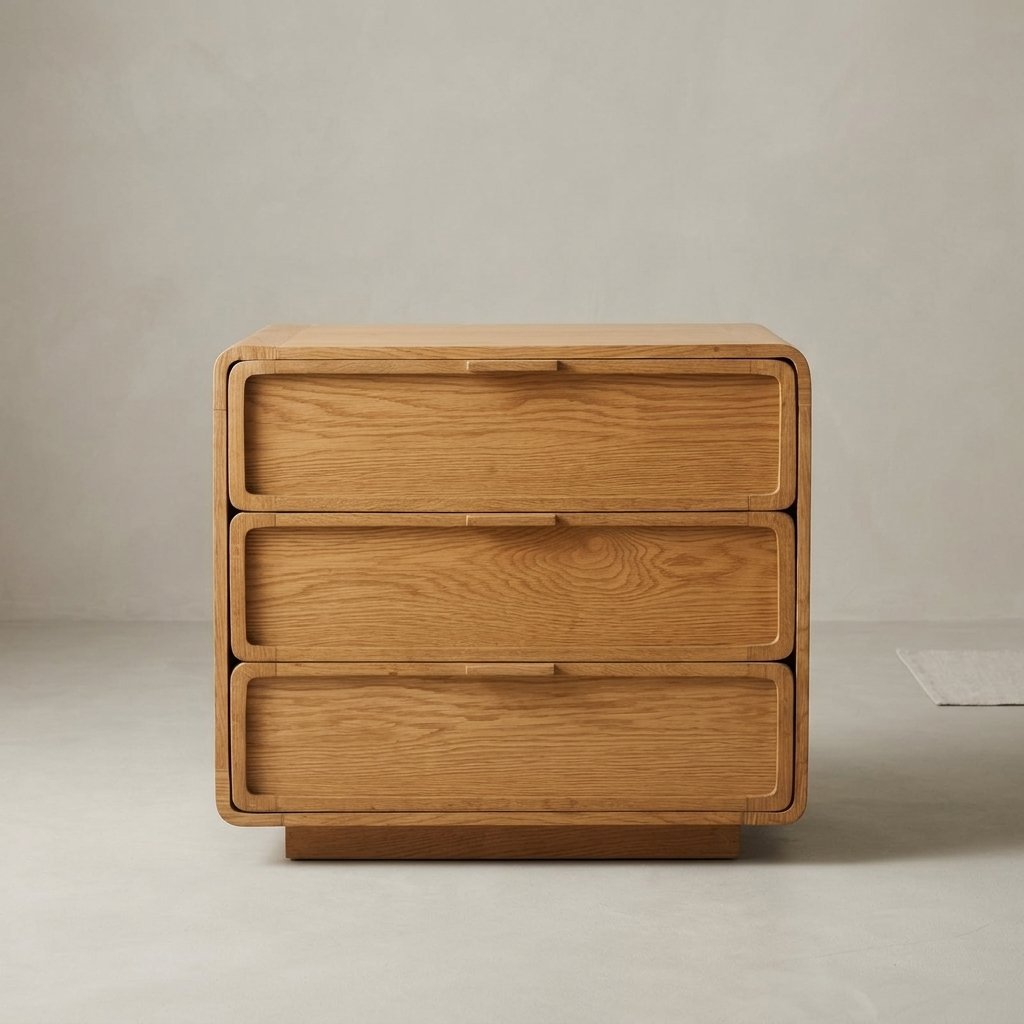 Minimalist solid wood 3-drawer chest cabinet with rounded edges and smooth channel drawers in natural wood finish