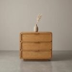 Minimalist solid wood 3-drawer chest cabinet with rounded edges and smooth channel drawers in natural wood finish