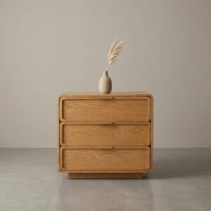 Minimalist solid wood 3-drawer chest cabinet with rounded edges and smooth channel drawers in natural wood finish