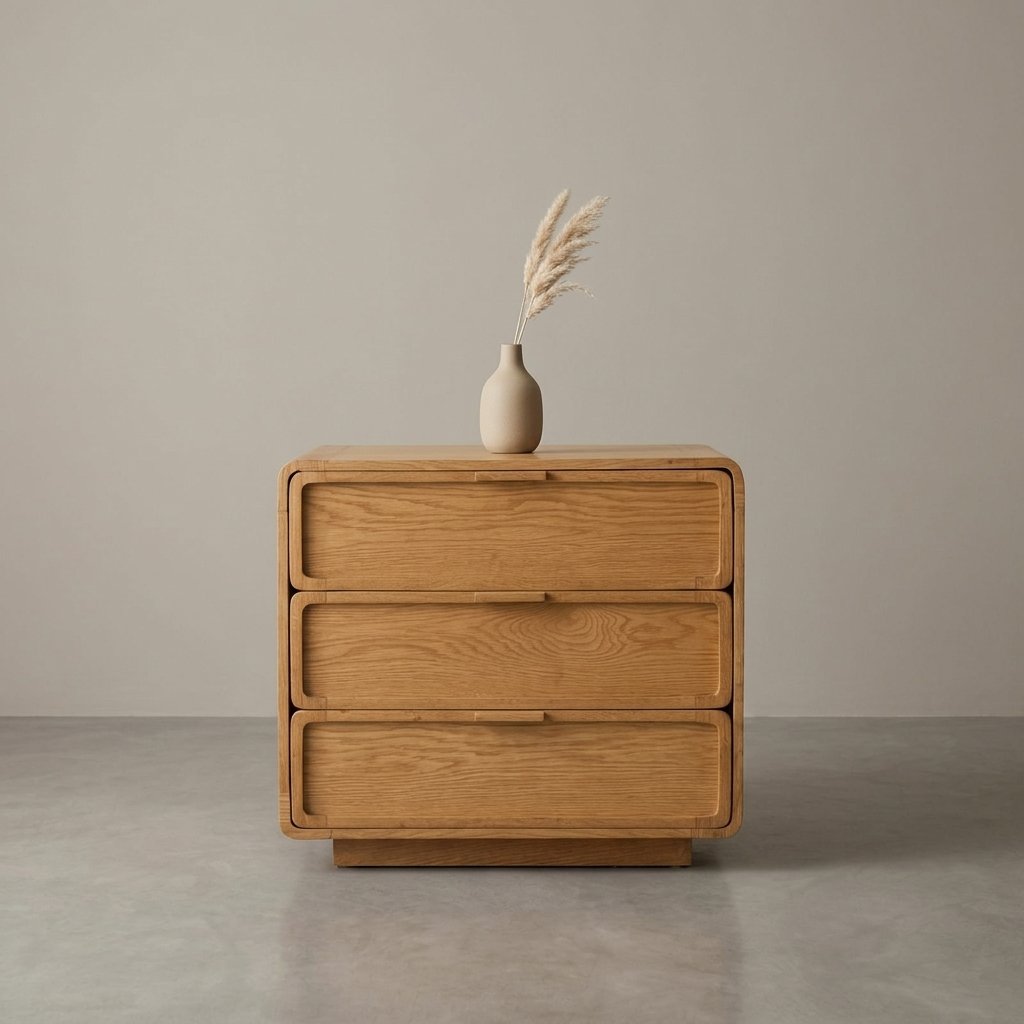 Minimalist solid wood 3-drawer chest cabinet with rounded edges and smooth channel drawers in natural wood finish