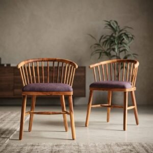 Solid wood dining chair with spindle back and upholstered seat in natural finish