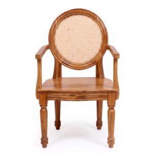 Premium teak wood dining chair with round cane back and natural finish